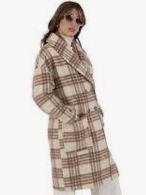 Nine West Cream Plaid Double-Breasted Coat size XS NWT